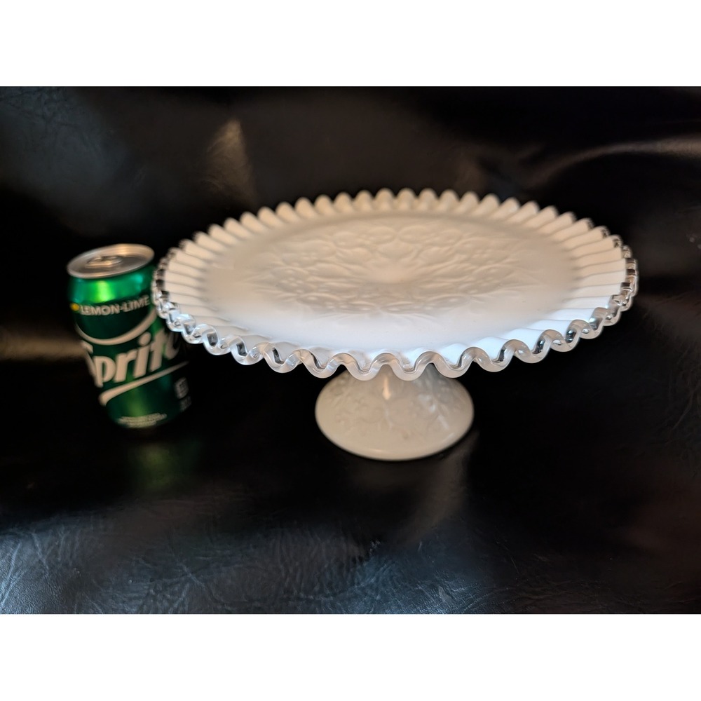 Fenton Silver Crest Milk Glass Cake Stand Spanish Lace Ruffled 10 inch Pedestal